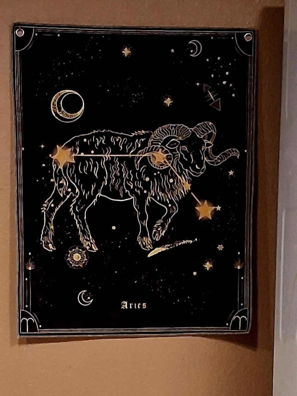 Aries Zodiac Tapestry Wall Art in Black and Gold